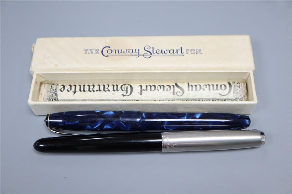 A boxed Conway Stewart blue marbled fountain pen and a Parker 51